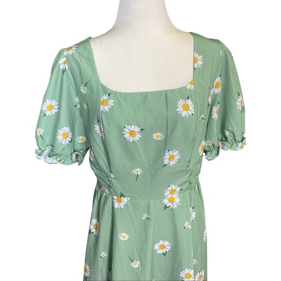 Belle Poque A Line Fit & Flare Green Daisy Midi Dress Womens XL Pockets Smocked - Picture 5 of 9